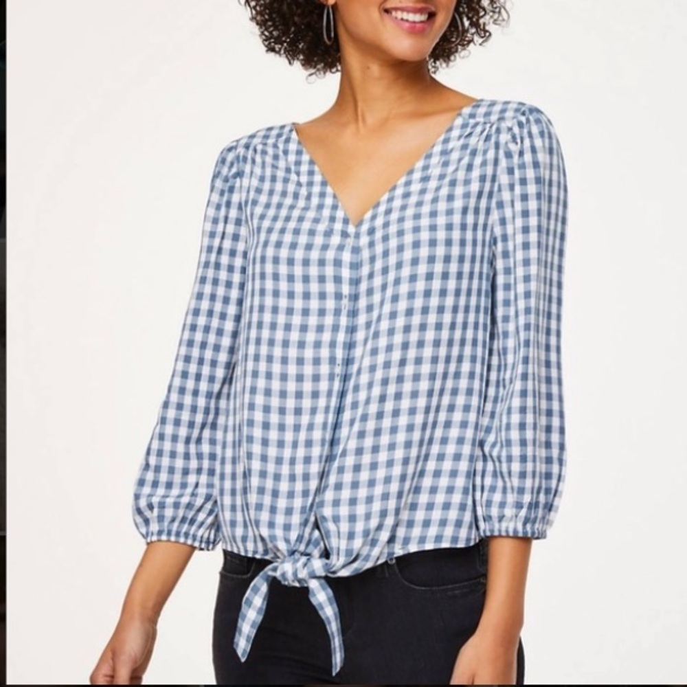 Blue Gingham Tie Button-Up Blouse LOFT